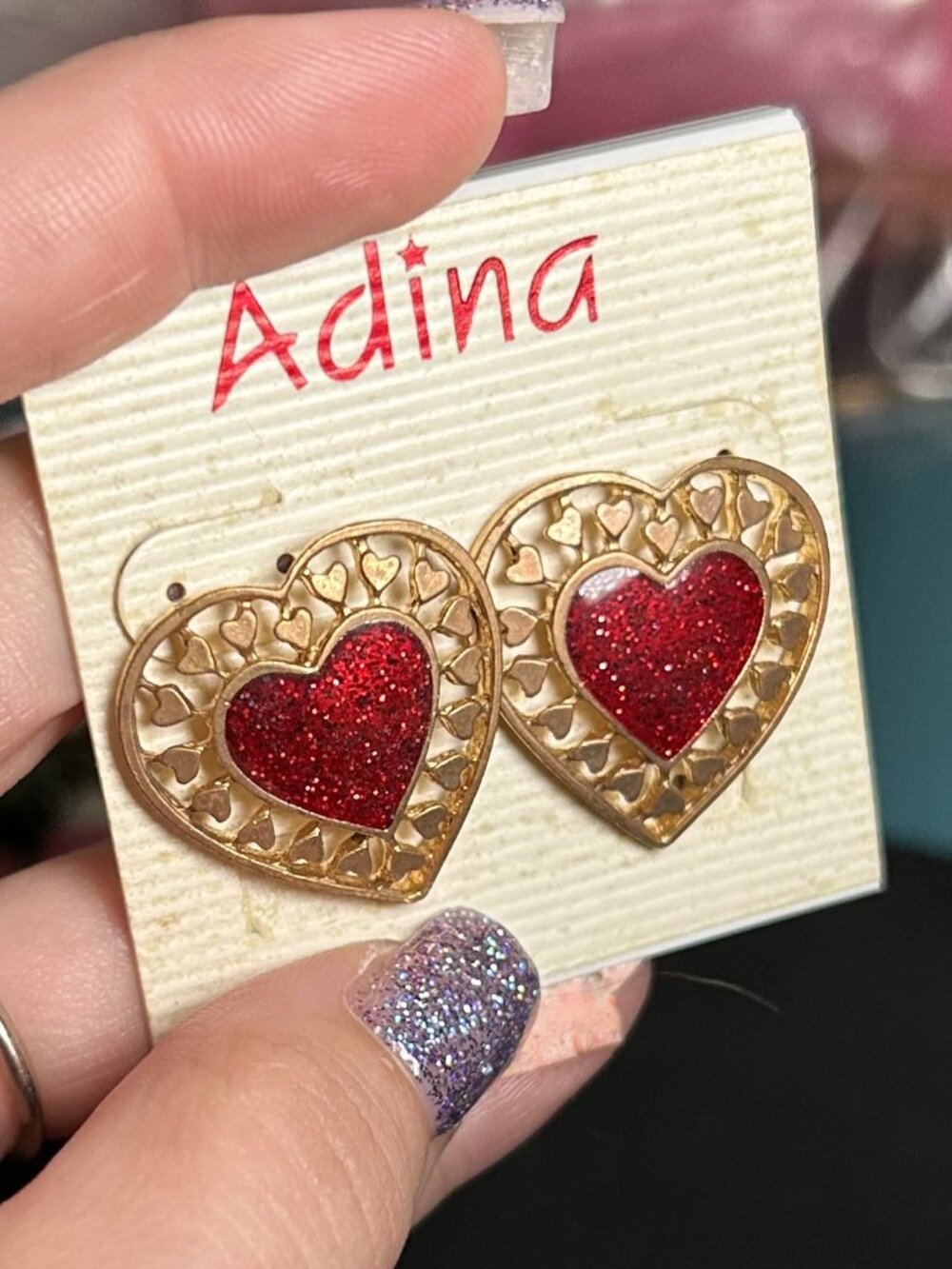 Vintage Adina Red Glitter Filigree Heart Post Earrings - NOS NIP